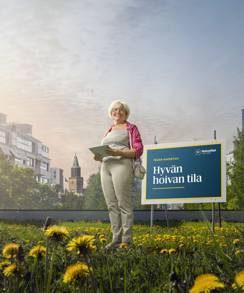 Elderly woman on a site in an urban setting.